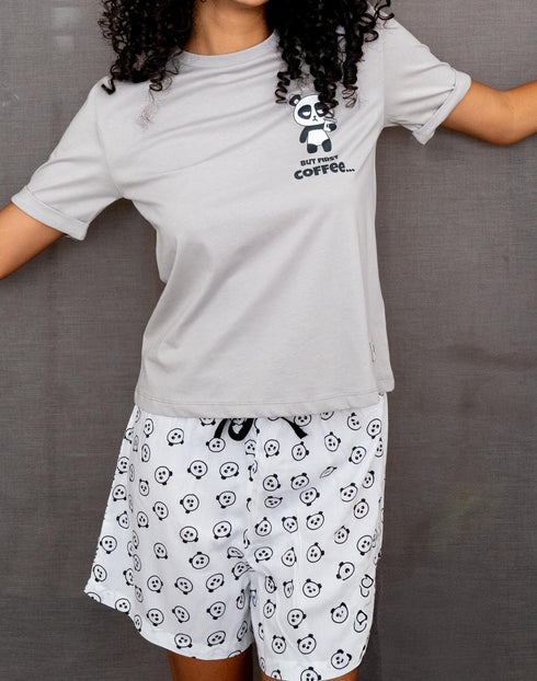 Women summer pajama set Grey Tee + Pandas shorts